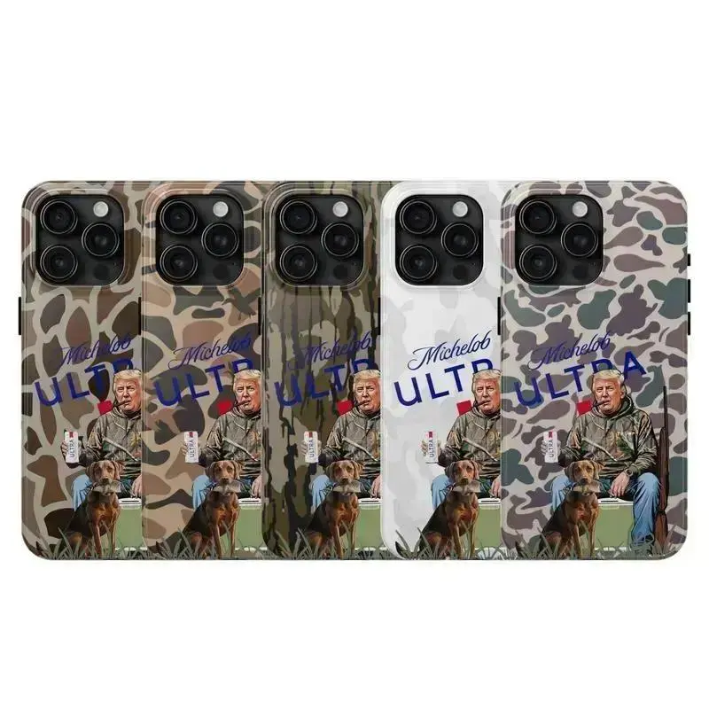 D-Donald Trump Hunting Camo Phone Case — Michelob Ultra Hunting Season Rugged Case, compatible with iPhone 11–17 Pro Max/Plus and Samsung Galaxy S23–S25 series.