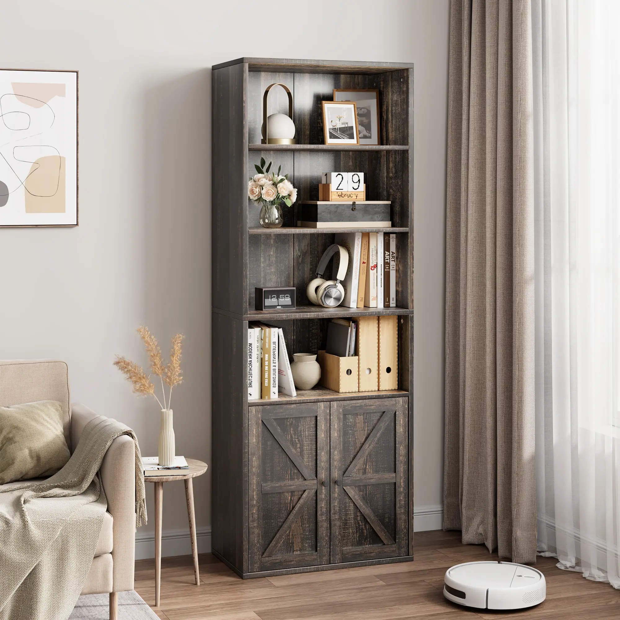 Rustic Charm Farmhouse Industrial Engineered Wood Bookcase with Door Panels - 71.4in Tall, 11.8in Deep, 6 Shelves, Sturdy Frame, Easy Setup - Storage & Display Unit for Bedroom, Living Room