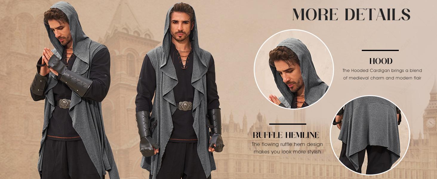 Runcati Mens Hooded Cardigan Sleeveless Ruffle Shawl Collar Open Front Knit Drape Robe