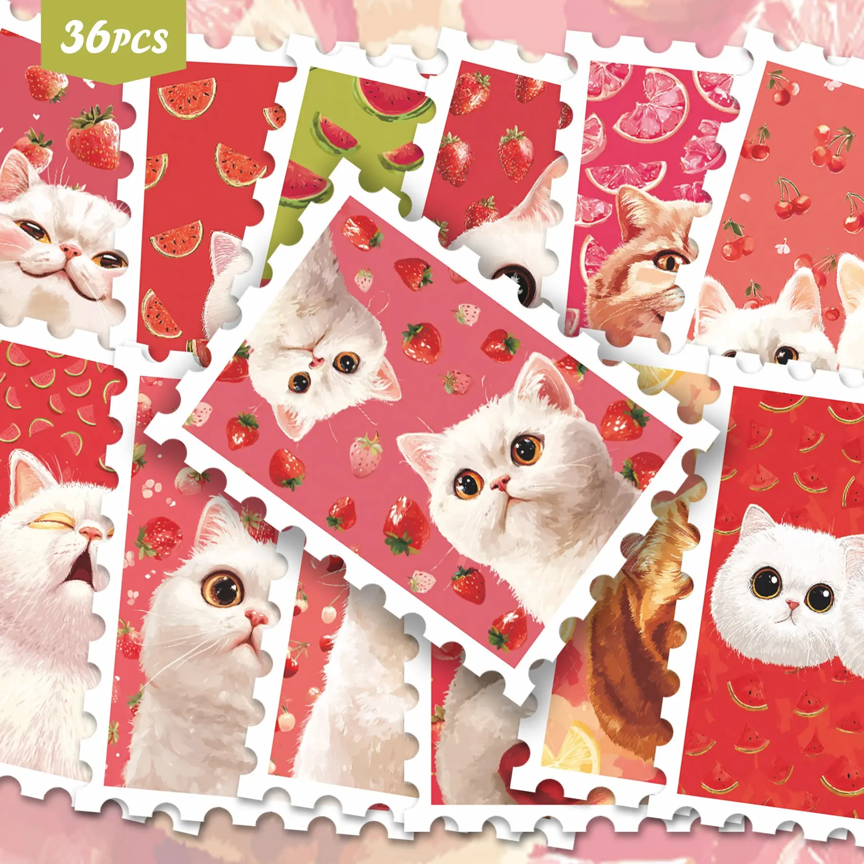 36pcs Sweet Red Berry Fluffy Kitten Die Cut Stickers Pack | Strawberry Cherry Peach Watermelon Red Currant Background Cute White Ginger Cat Soft Watercolor Cartoon Graphics | Vinyl for Scrapbook, Notebooks & Decor