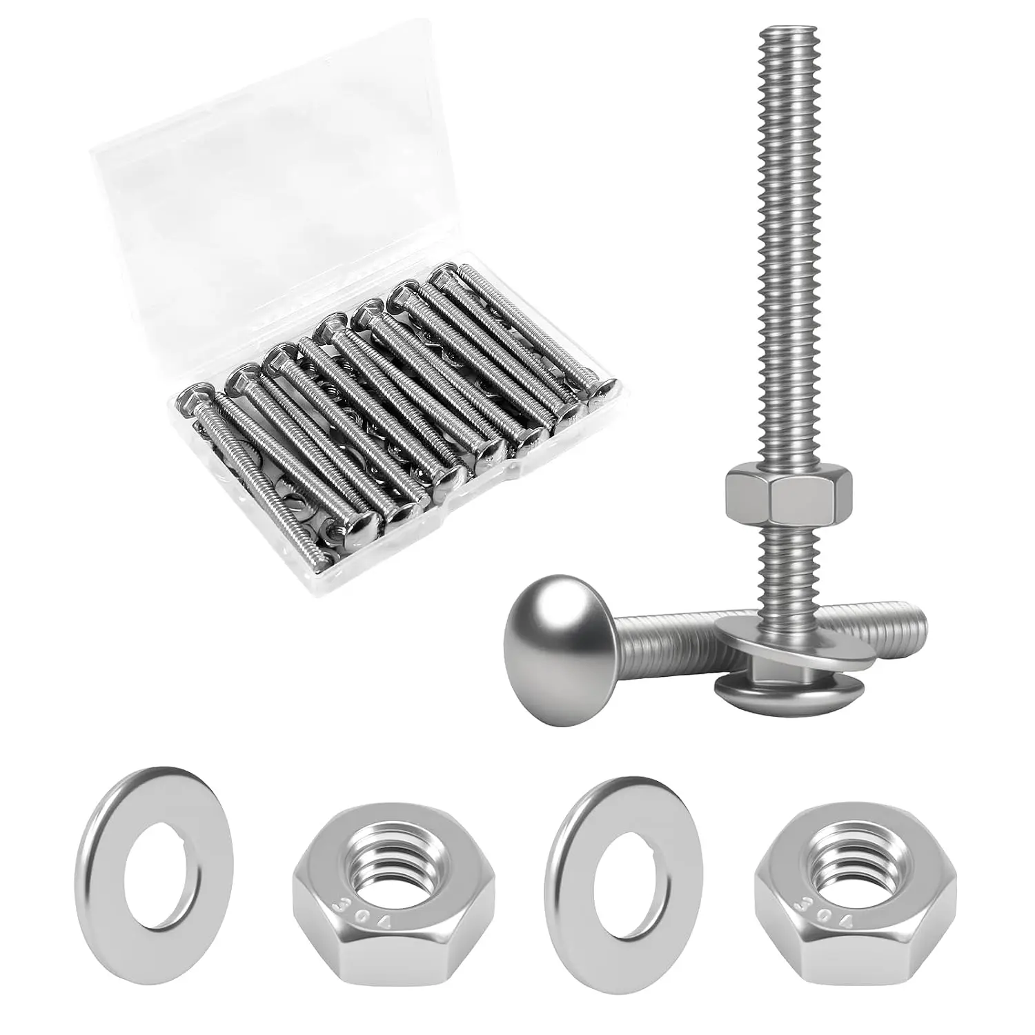 1/4-20 x 3 Carriage Bolt Kit 14 Sets, 304 Stainless Steel   | Round  Square , Fully Threaded Coarse with Hex Nuts & Flat Washers, for Fence Posts, Structural Framing, Pergolas