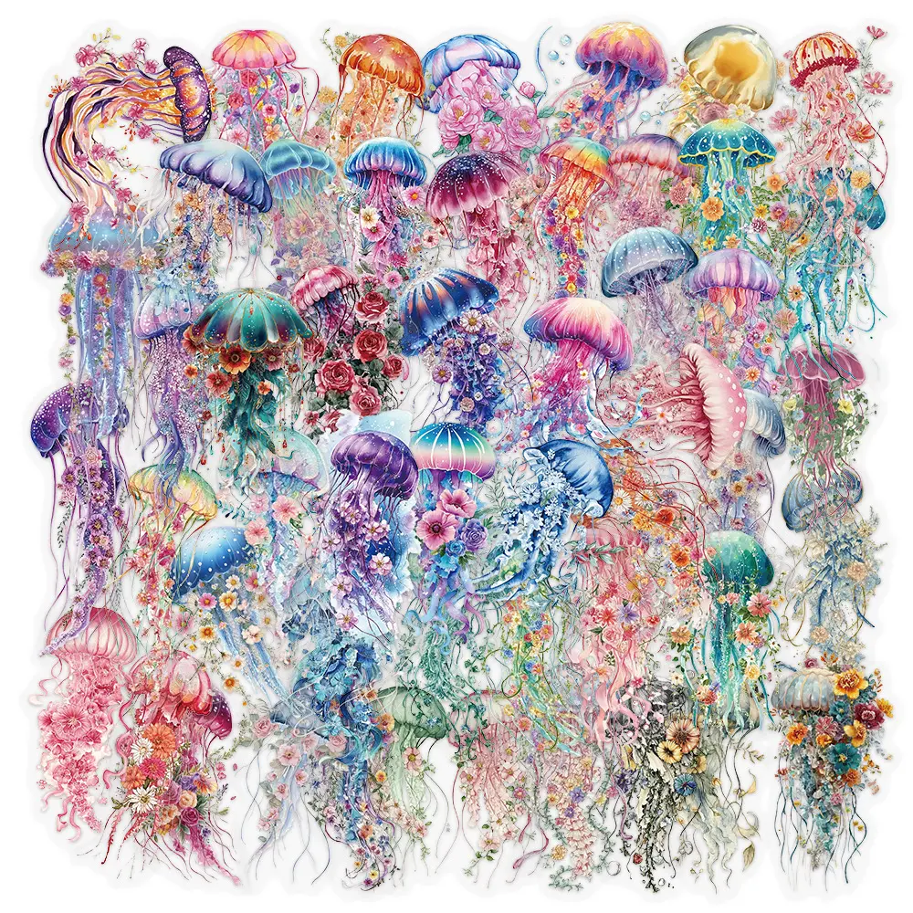 50pcs Senyu Flower Jellyfish PET Transparent Office Stickers/Notebook Stickers, High-Value Positive Energy Gifts for Decorating Journals, Scrapbooks, Computers, Water Bottles, Cars, Etc.