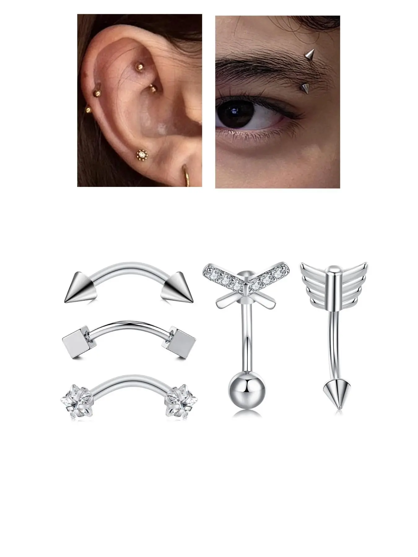 16g Stainless Steel Eyebrow Rings, Cz Rook Piercing Jewelry, Heart Design, Moon-Shaped, 8mm Rook Earrings for Women and Men, Ear Piercings, Punk Style