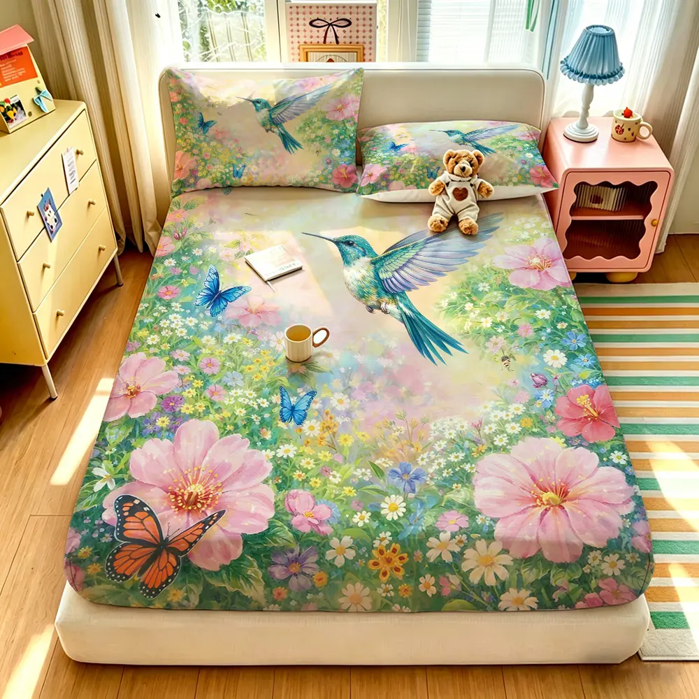 A 3-piece bedding set with hummingbird, flower, and butterfly patterns, including one bedspread and two pillowcases, without a filling. The bedspread is soft and comfortable, with a deep pocket design, making it an ideal gift option.