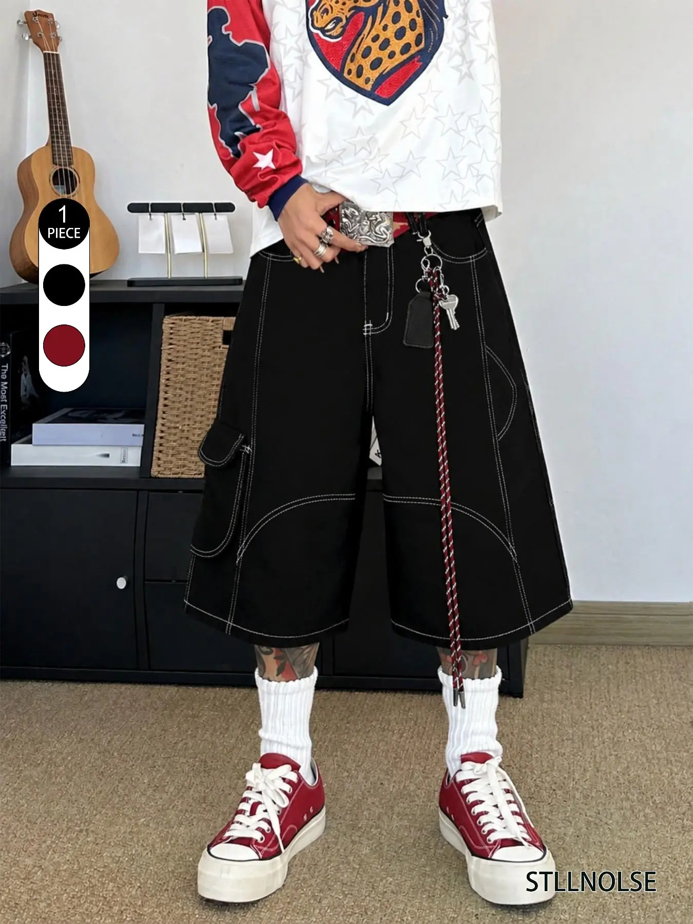 Men's Vintage American Style Loose-Fit Shorts, Multi-Pocket Workwear with Chain Design, Comfortable Streetwear for Daily Activities