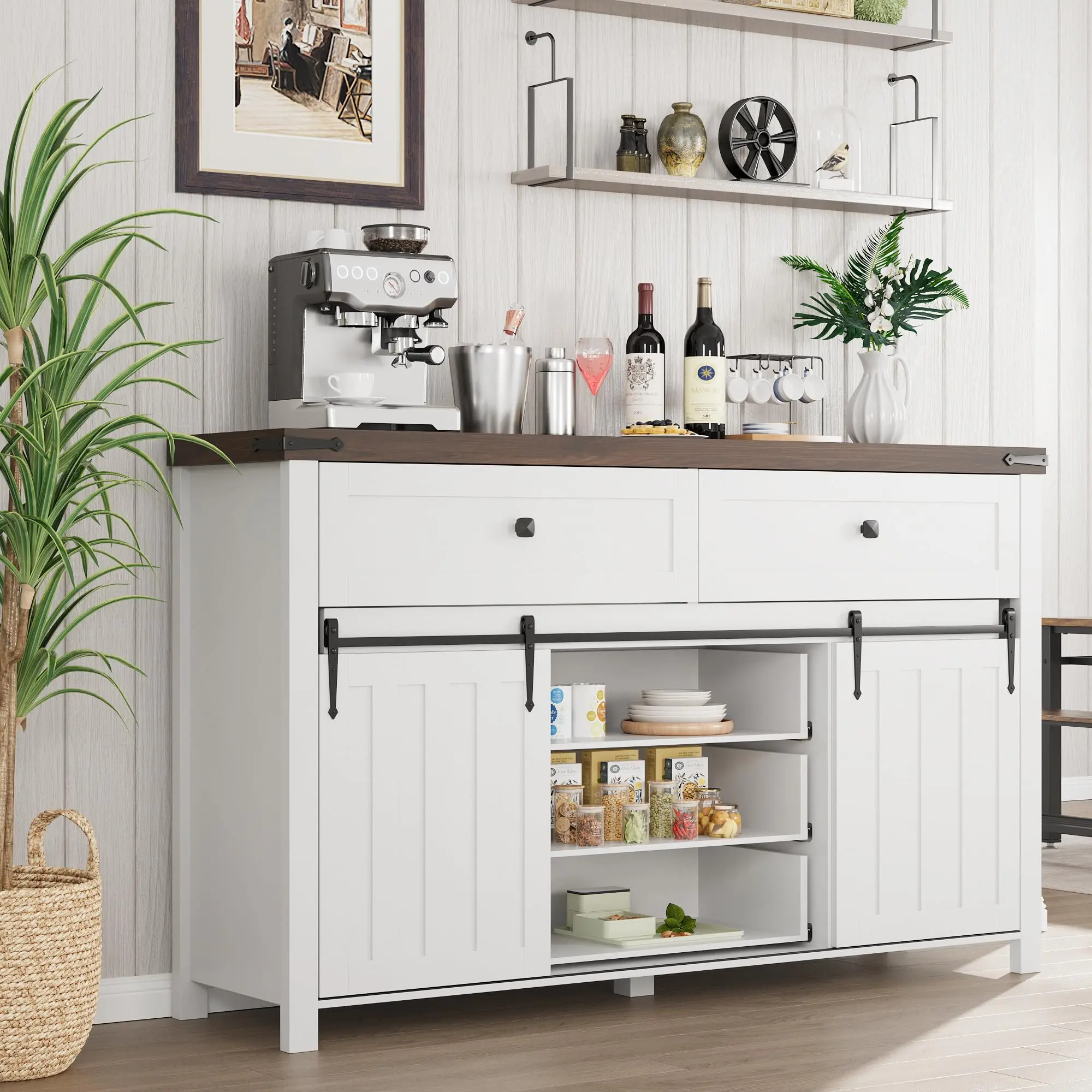 GARVEEFarmhouse Buffet Cabinet with Sliding Barn Doors, 5 Drawers, Wooden Storage Sideboard, Coffee Bar Station for Kitchen, Living Room, Dining Room, White Finish