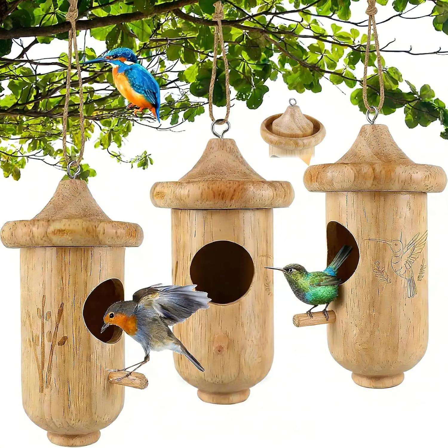 Hummingbird House for Outside , Small Wooden Hummingbird Gifts Nest 3 Pack with  Ropes, Gardening Gifts Humming Bird Houses  Decoration