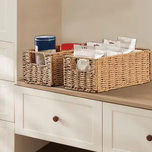 OUTGOODS 4 Pack Storage Baskets, 12.2 × 7.1 × 5.9 InchStorage Bins, Weaving Storage with Handle, Foldable Woven Basket for Shelves, Bathroom, Bedroom, Laundry, Pantry