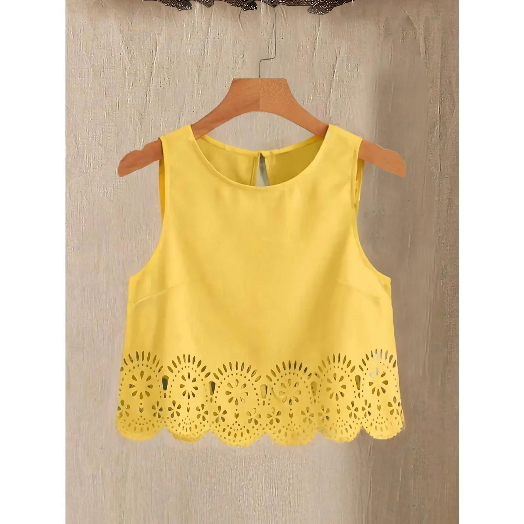Women Elegant Solid Sleeveless Blouse, Lace Hollow Out Hem Design Fashion Shirt Casual Daily Vacation Ladies Tops