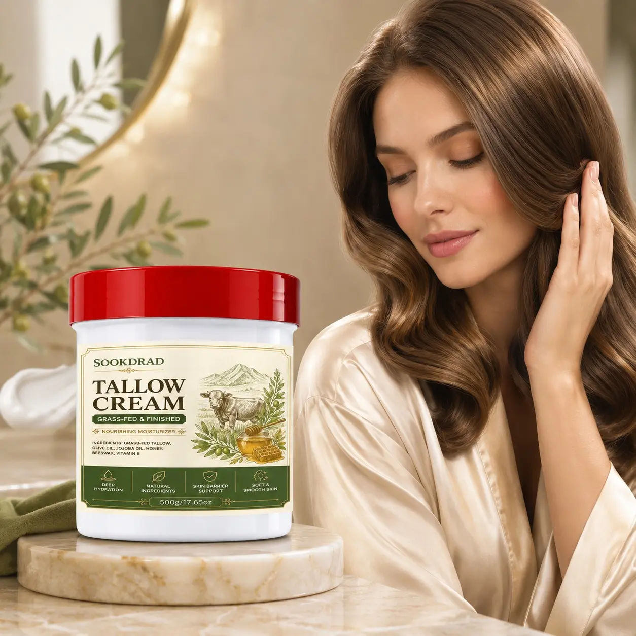Tallow Cream, Grass-Fed Tallow, Natural Ingredients, Deep Hydration, Skin Barrier Support, Soft Smooth Skin, Nourishing Moisturizer, 500g/17.65oz