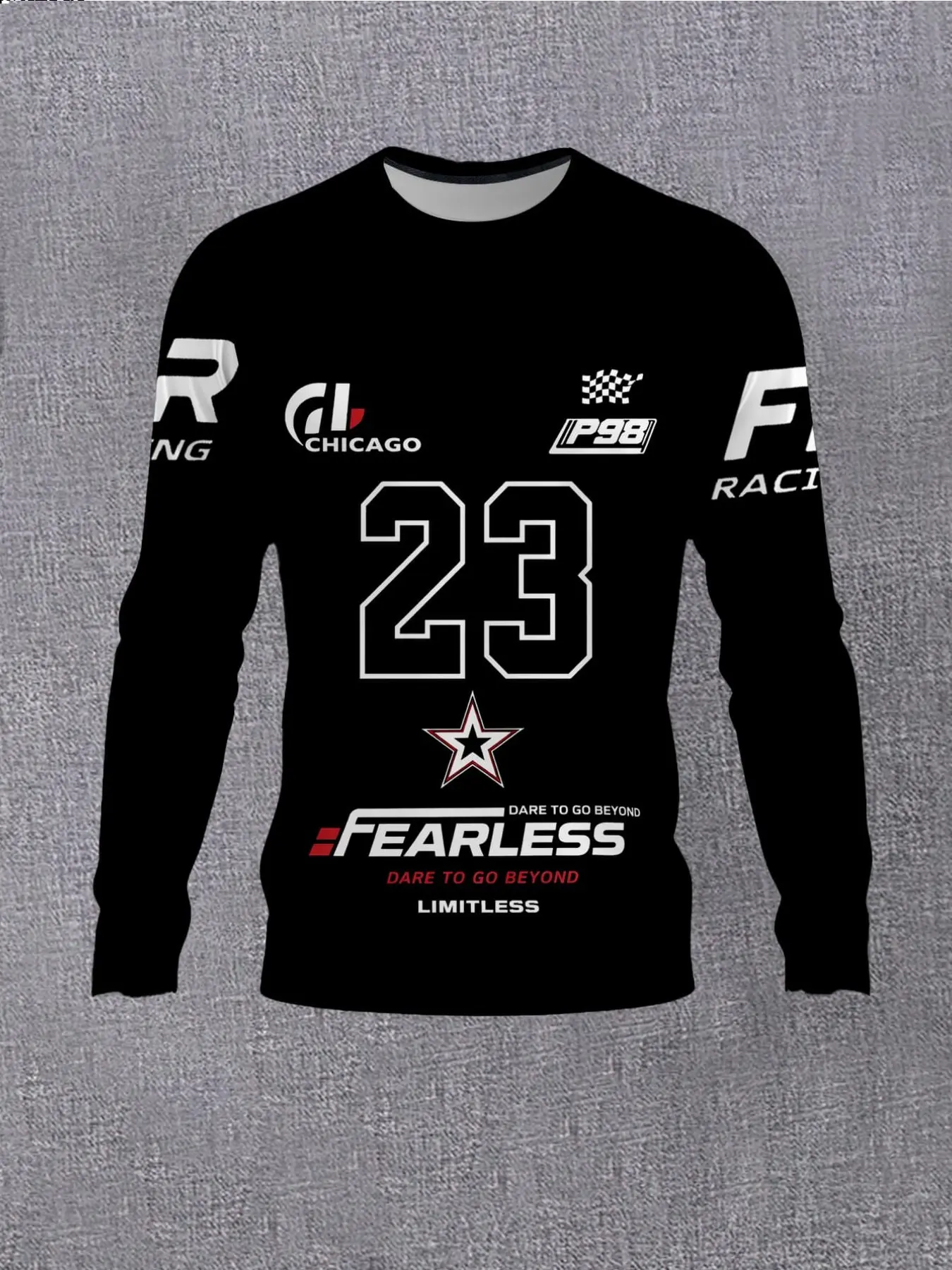 Men's Racing Print Long Sleeve Top, Quick-Dry Breathable Motorcycle Sports Shirt, Star Check Flag Pattern, Casual Outdoor Wear