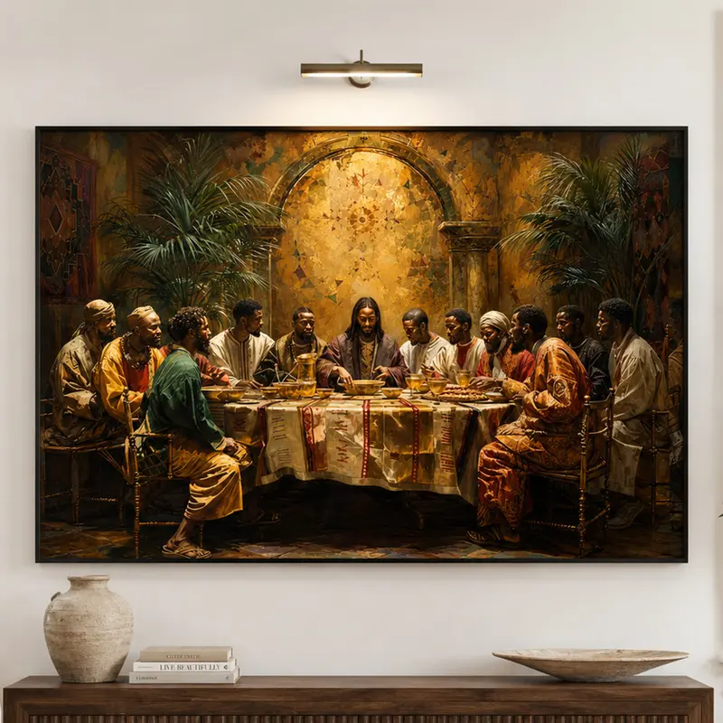 Framed 1-Piece Black Last Supper Canvas Wall Art, Wooden Frame Religious Print, Vintage Classic Christian Decor, Ready-to-Hang Home & Bedroom Decoration, Jesus Art, Bible Wall Art, Faith-Based Gift, Living Room Decor, Holiday Gift for Him or Her