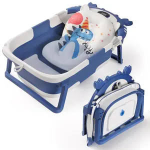 Baby Bathtub,Collapsible Baby Bath Tub with Thermometer & Soft Floating Cushion,Portable Travel Baby Bathtubs  Newborns to Toddlers 0-36 Months(Crab Blue)
