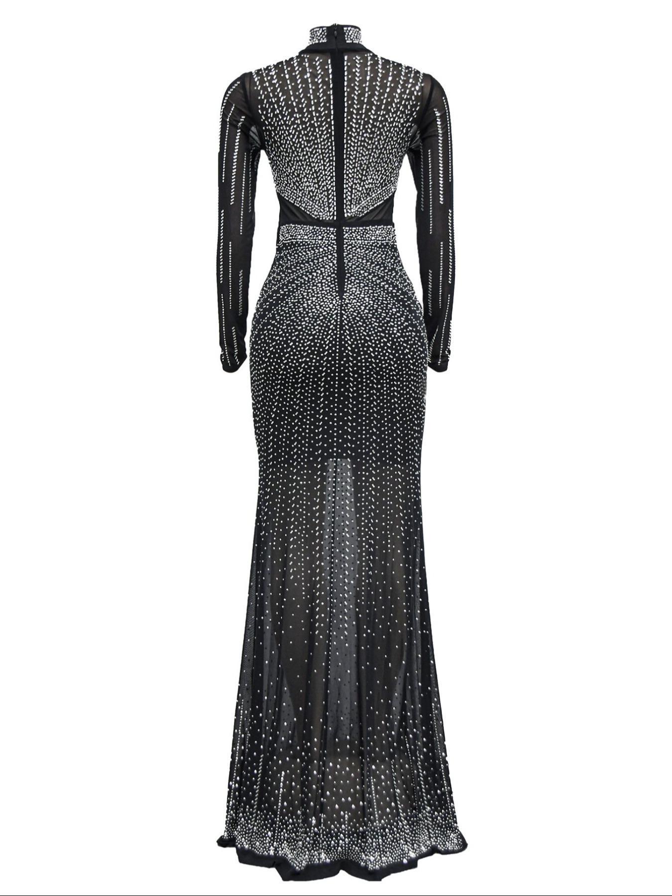 Women's Rhinestone Decor Contrast Mesh Sheer Bodycon Dress, Elegant Long Sleeve Stand Collar Maxi Dress, Elegant Evening Gown, Formal Dresses for Party Club Dating Formal Wear, Ladies Clothes for All Seasons