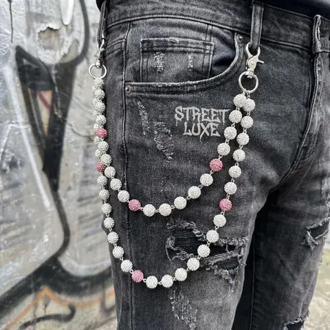 1pc Unisex Layered 2-Strand Iron Alloy Waist Chain - 10mm Large Round Handmade Ceramic Beads, Crystal Rhinestones, Wallet-Chain Chic, Durable, Non-Stretch Daily Glamorous Street Hip-Hop Body Jewelry Accessory