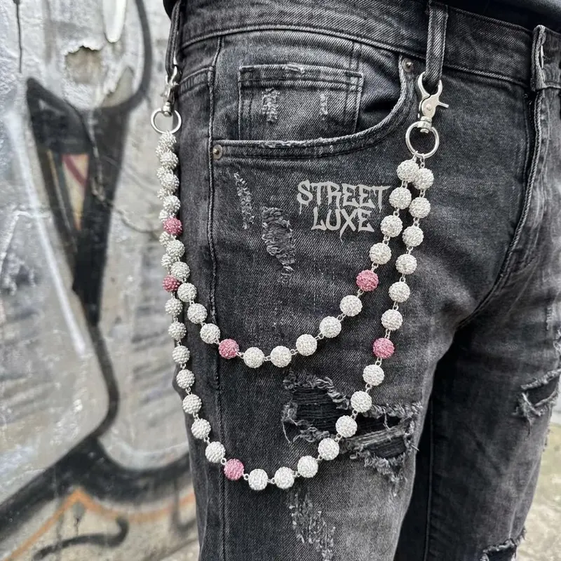 1pc Unisex Layered 2-Strand Iron Alloy Waist Chain - 10mm Large Round Handmade Ceramic Beads, Crystal Rhinestones, Wallet-Chain Chic, Durable, Non-Stretch Daily Glamorous Street Hip-Hop Body Jewelry Accessory