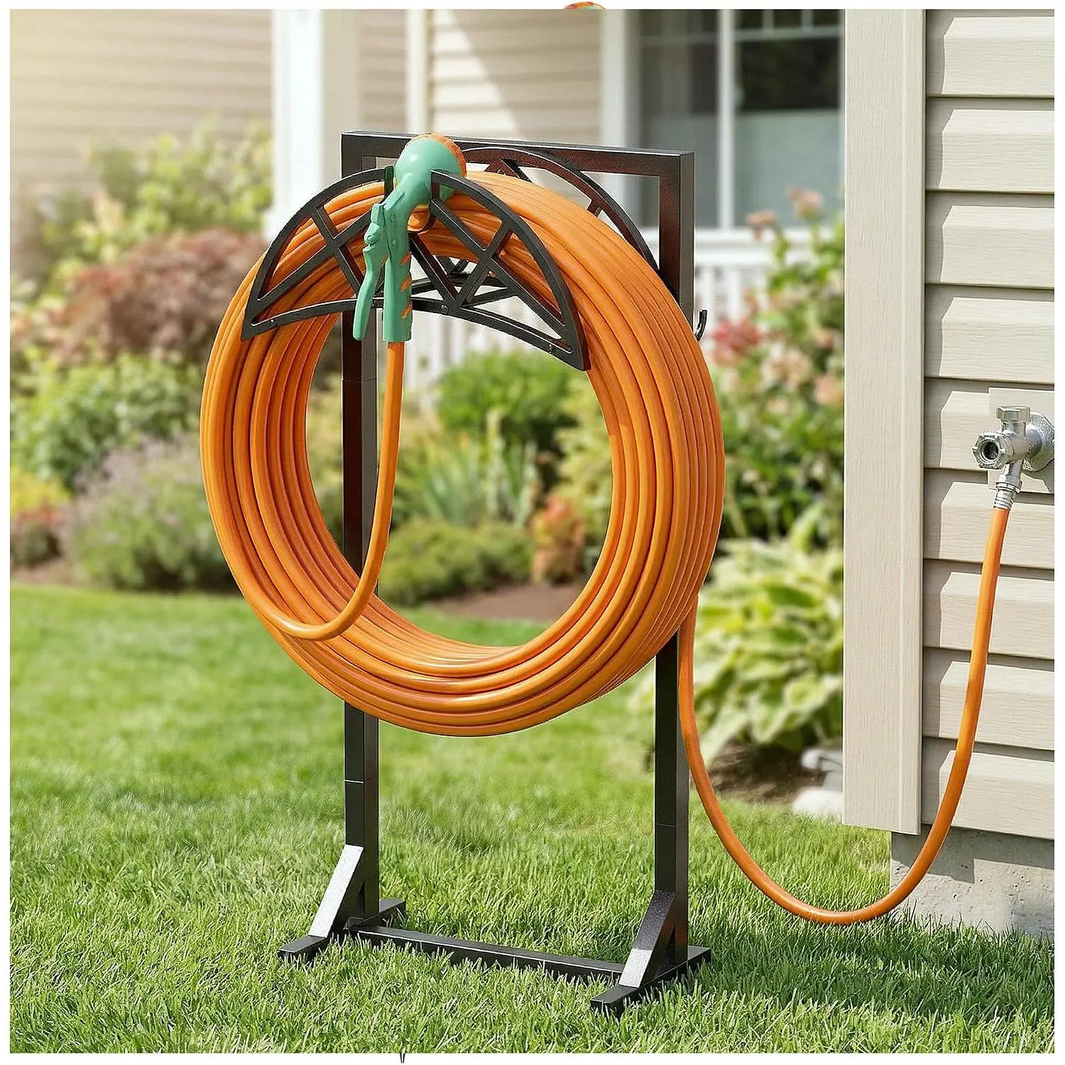 Garden Hose Holder, Heavy-Duty Water Hose Reel with  Base & 2 Tool Hooks, Freestanding Storage Rack for Outside, Holds 150ft – Metal Stand for Yard & Lawn