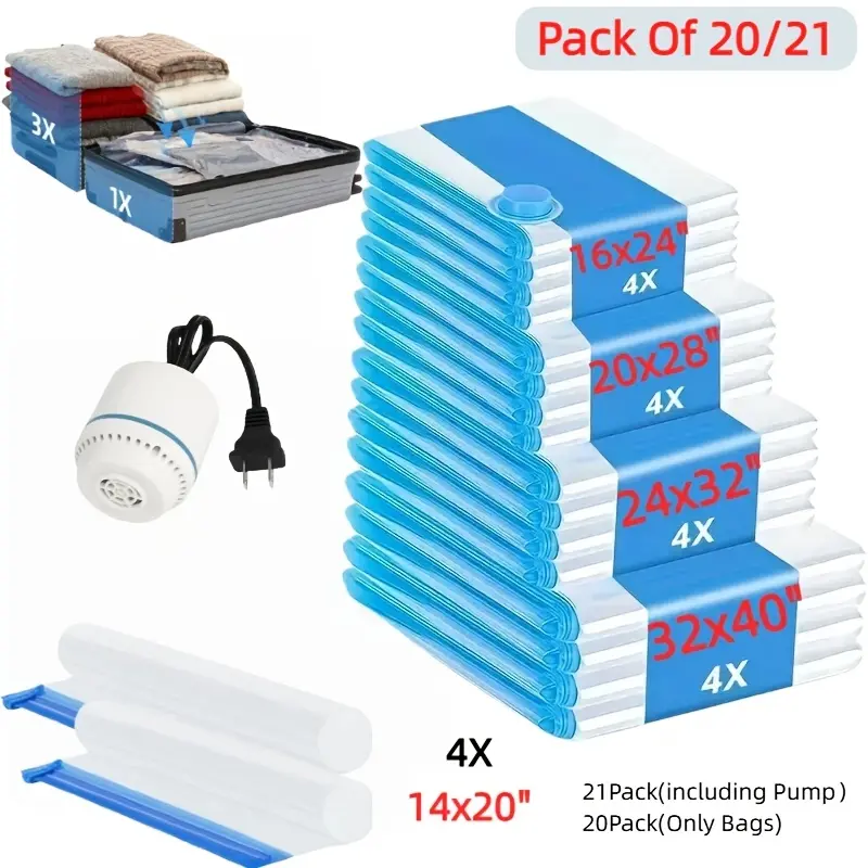 Vacuum Storage Bags with Air Pump, Reusable Compression Bags for Clothes, Quilts & Blankets, Ideal for Travel, Moving & Home Organizing, 4 Sizes Available, 21 Pack with 1 Air Pump