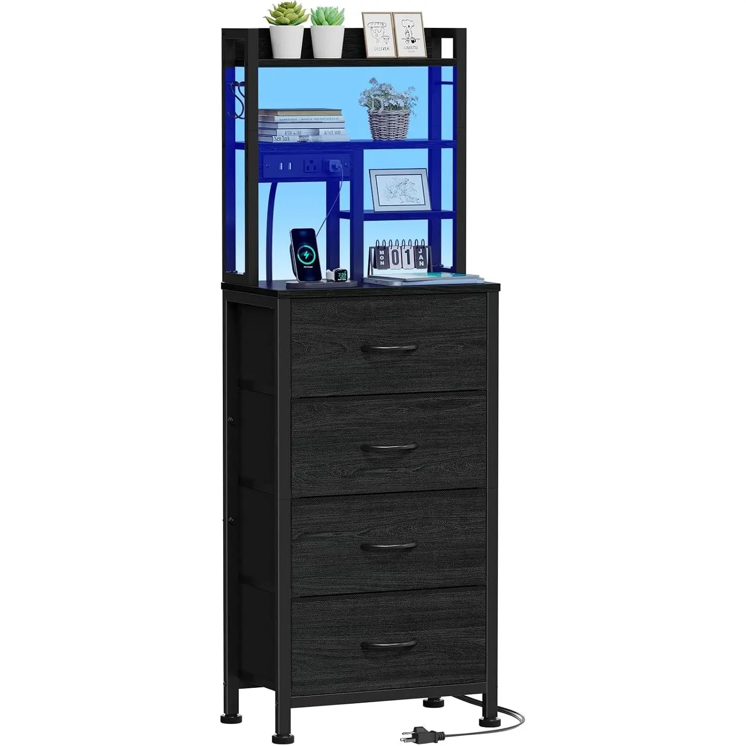 Black Oak Furniture Nightstand - Tall End Table with Drawer, LED Lighting 4 Drawer Set, Charging Station, USB Ports, 4-Tier Storage Shelf, Bedroom Dorm Indoor Furniture