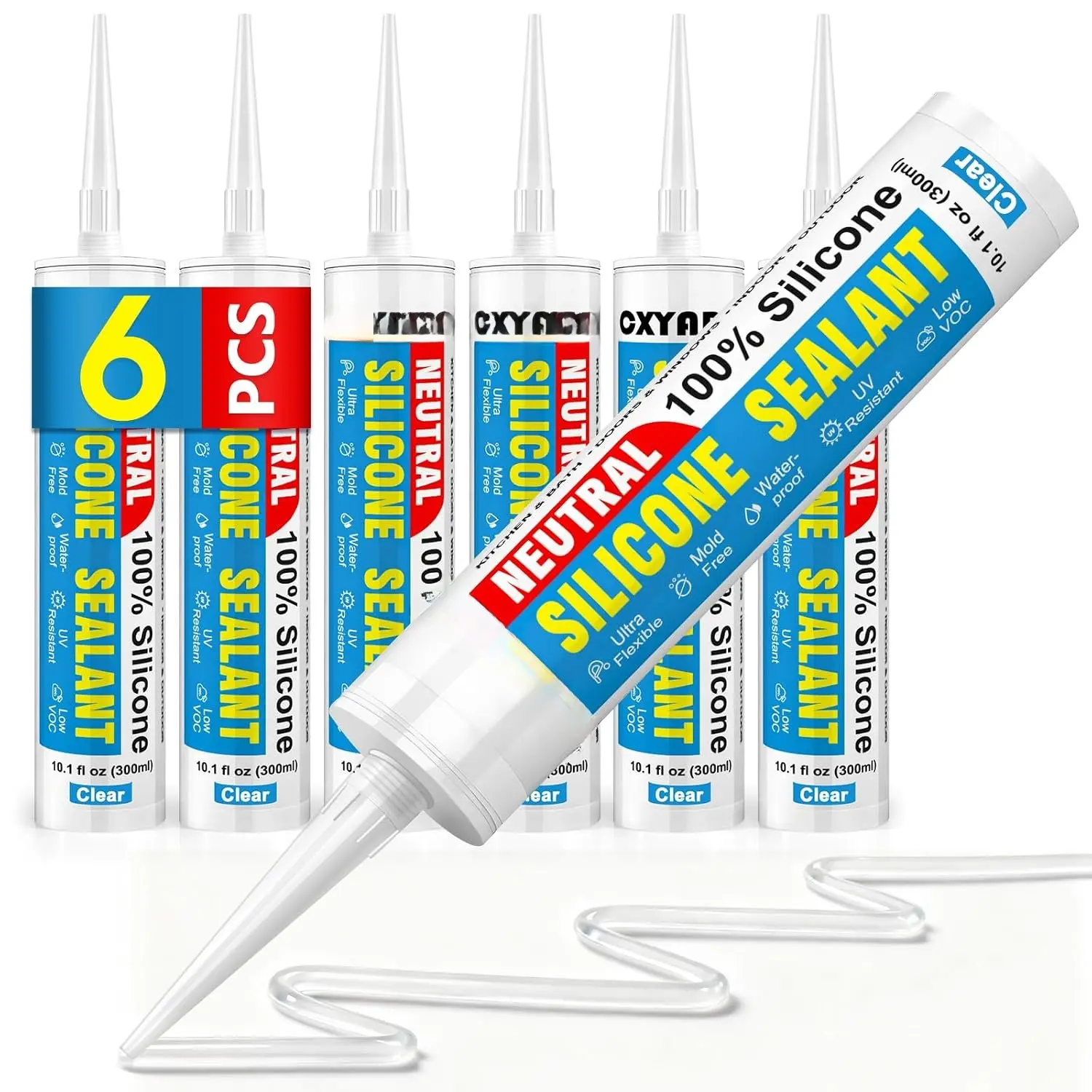 Caulk & Sealant Clear, 6 Pack -   Sealant (300ml) |   Caulking for Kitchen, Bathroom, Toilet, Sink, Window & Door Use, Shrink & Crack Proof (10.1 FL.OZ/300ml)