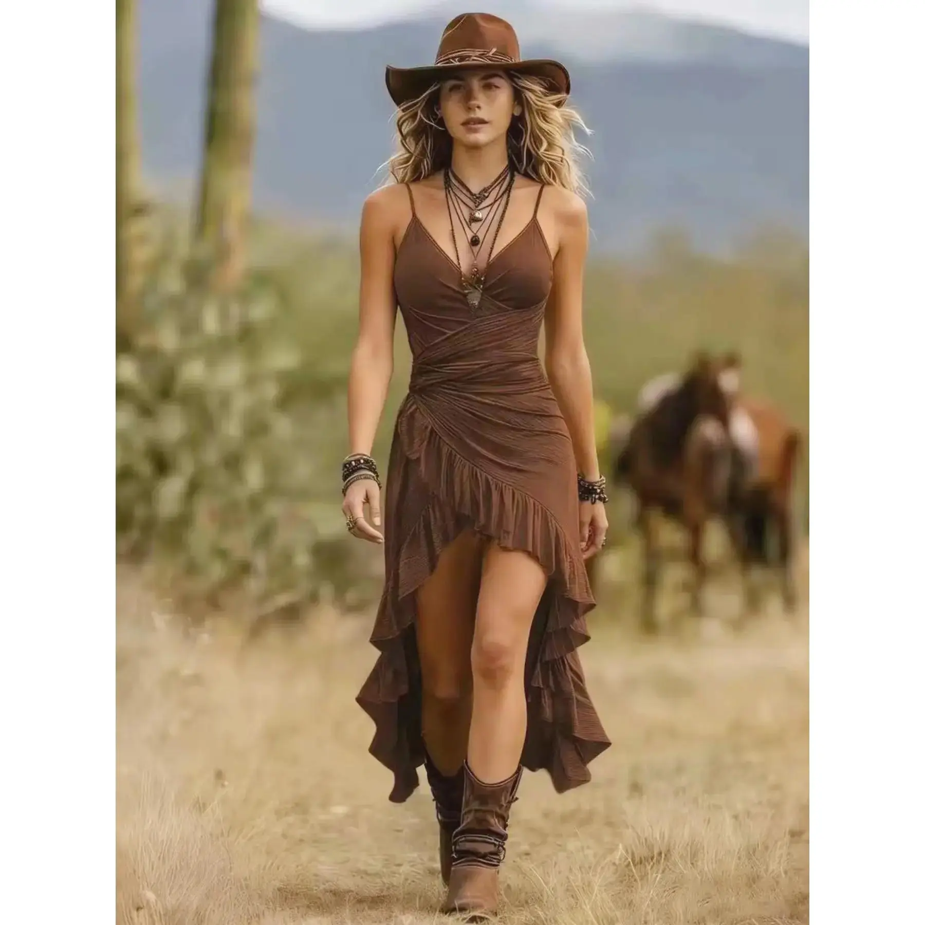 Women's Western Vintage Knitting Casual Sleeveless Dress - V-Neck, Asymmetrical Ruffled Short Skirt, All Seasons Desert Vacation Country Wear, Ruffles, Knitting Casual Dresses