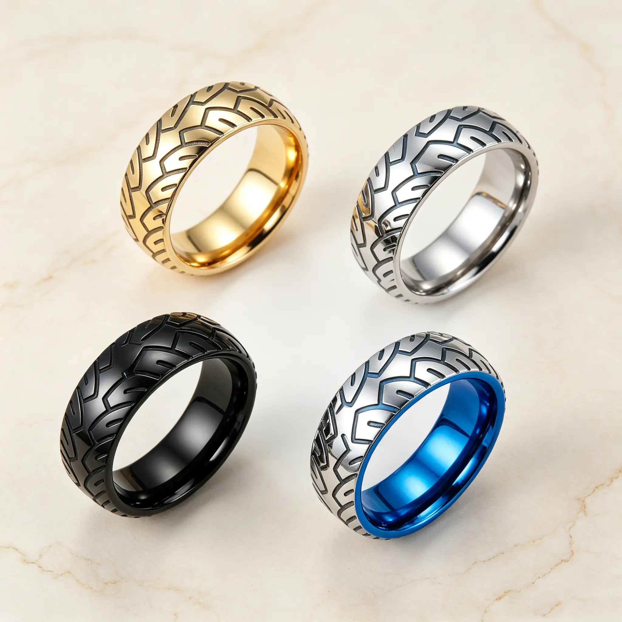 Men's 2-PC Stainless Steel Rings - Embossed Tire Tread, Minimalist Single Band, Hypoallergenic, Non-Fading, for Motorcycle Enthusiasts, Daily Wear Fashion Jewelry