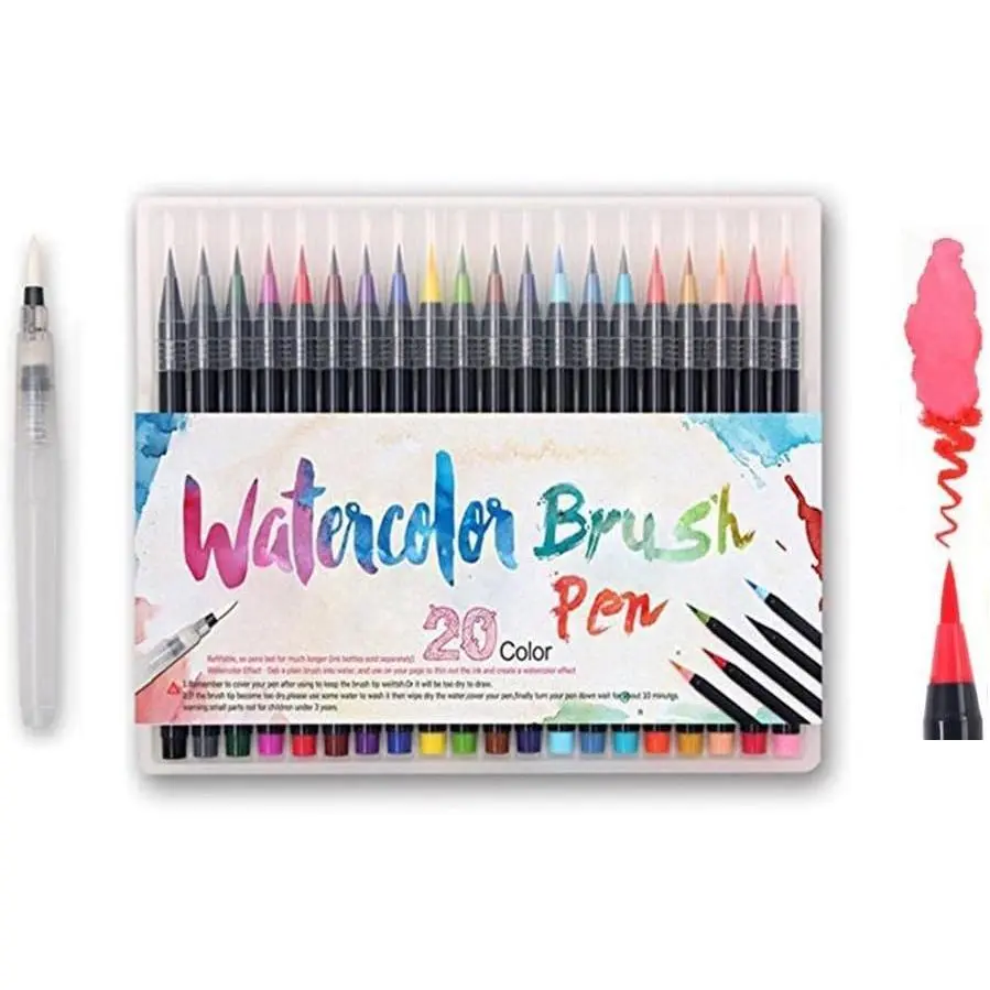 Watercolor Brush Pens Set -  Soft Flexible  Tips Coloring Brush Pen & Fineliner Color Marker Pens for Adult Coloring Sketching Books, Manga, Comic, Calligraphy (20 colors)