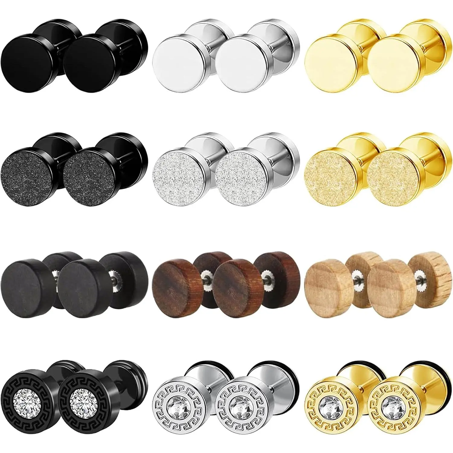 12 Pairs Stainless Steel Stud Earrings for Men Faux Gauges Earring  Earring Flatback Dot Studs Screw  Earrings for Women Men