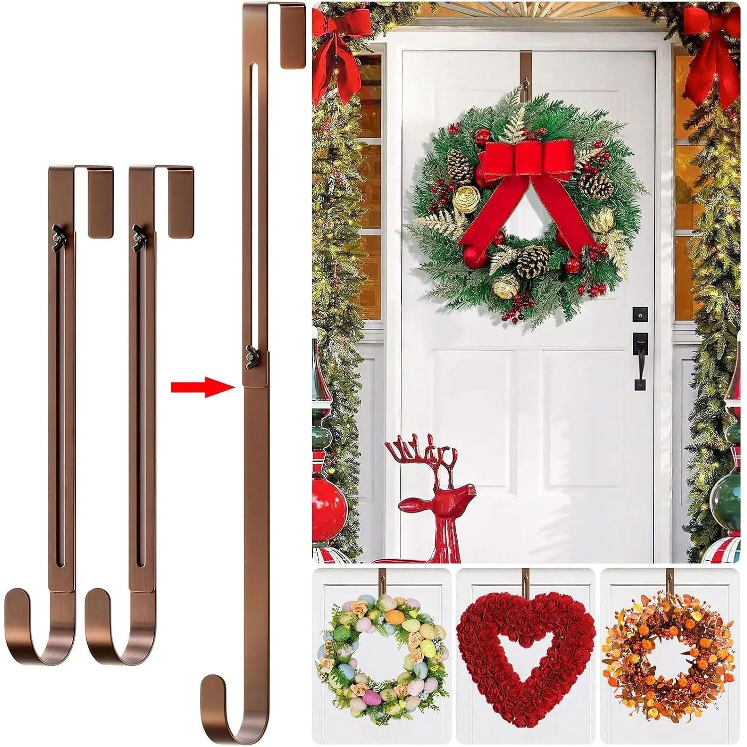 2-Pack Adjustable Wreath Hangers for Front Door Decor, 12.5-20" Heavy Duty Metal Over The Door Hooks (22 lbs) for Easter & Welcome Signs, Ultra-Thin Scratch-Free Holder for Tall & Storm Doors