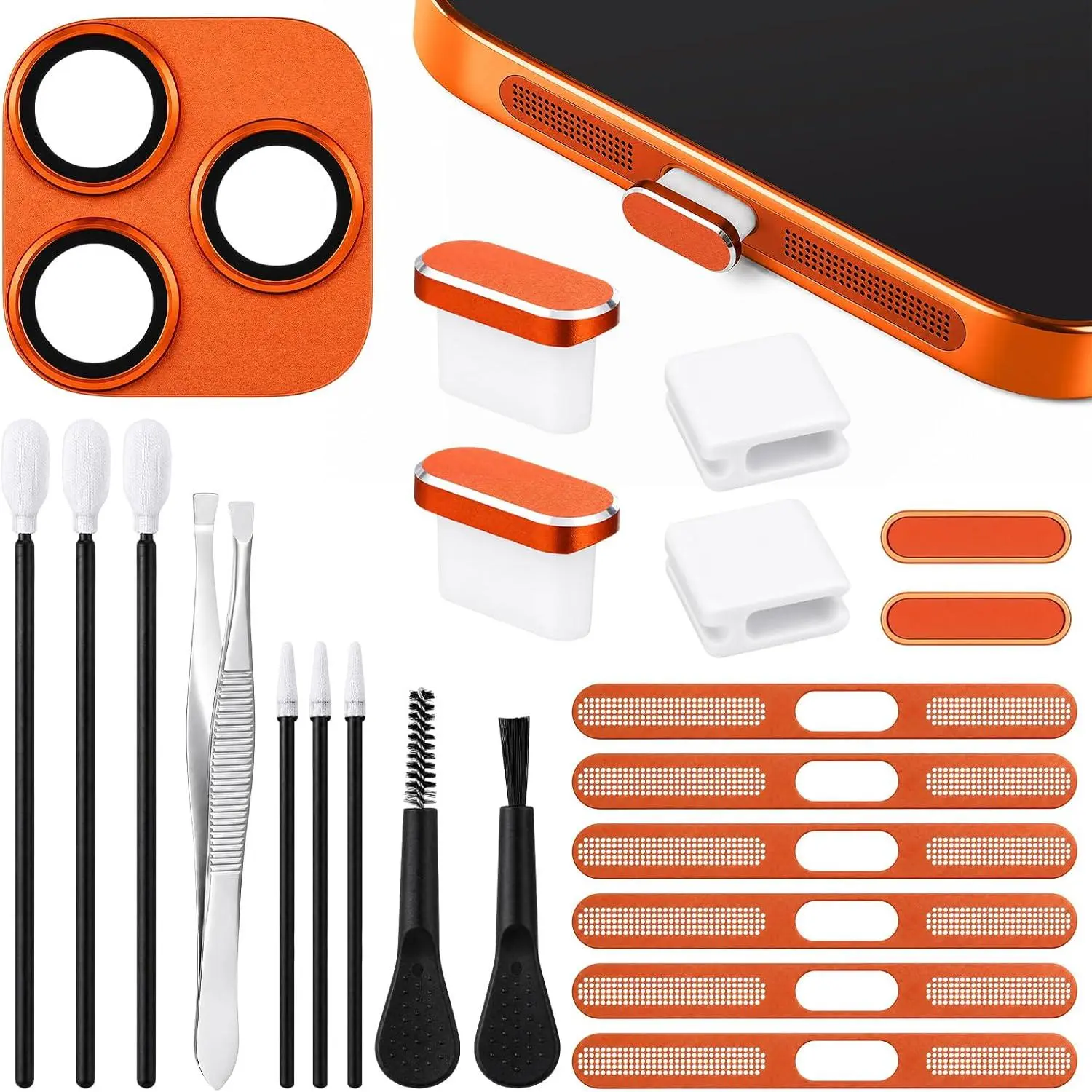 22 count Phone Cleaning and Protection Kit compatible with 17 Pro/17 Pro Max, Speaker Dust Mesh, Type C Port Cover, Camera Lens Protector, Camera Button Cover, Brushes and Tools Set(Orange)