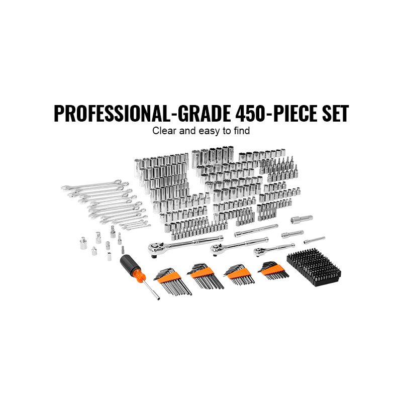 VEVOR Mechanics Tool Set and Socket Set, 1/4 3/8 1/2 Drive Deep and Standard Sockets, 450 Pcs SAE and Metric Mechanic Tool Kit with Bits, Hex Wrenches, Combination Wrench, Accessories, Storage Case