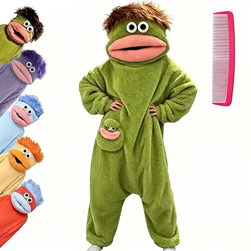 3PCS Adults Kids Big Mouth Monster Plush Onesie, Flannel Cartoon Hooded Pajamas with Pocket, Funny Halloween Cosplay Costume, Winter Soft Fuzzy One Piece Sleepwear for Boys Girls, Includes Matching Hair Comb
