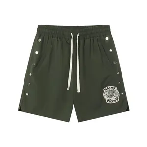 SAINT VANITY Patch Button Side Split Men Shorts, Multi Color Drawstring Elastic Waist Casual Sports Bottoms For 4th Of July Summer Streetwear Daily Outfit