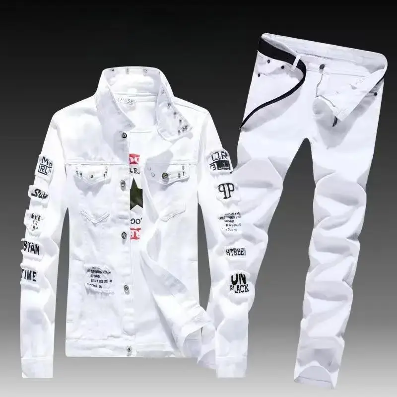 Spring Autumn Men??s Denim Jacket and Jeans Set, Fashionable Single-Breasted Coat with Trousers, Casual Two-Piece Denim Outfit, Stylish Menswear, Basic Formal Wear straight leg Lace-Up Underwire Corset Lingerie comfortable Tie Dye High Waist Gym Shor
