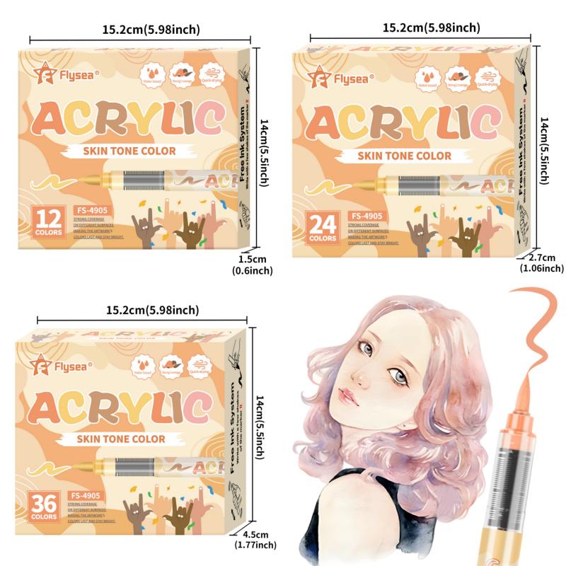 Skin Tones Art Markers,12/24/36 Color Soft Brush Tip Acrylic Paint Pens, Acrylic Drawing Markers, Quick-Drying Waterproof Acrylic Paint Markers for Illustration Sketching, Wood,Glass,Fabric,Rocks Painting, Art Markers Set