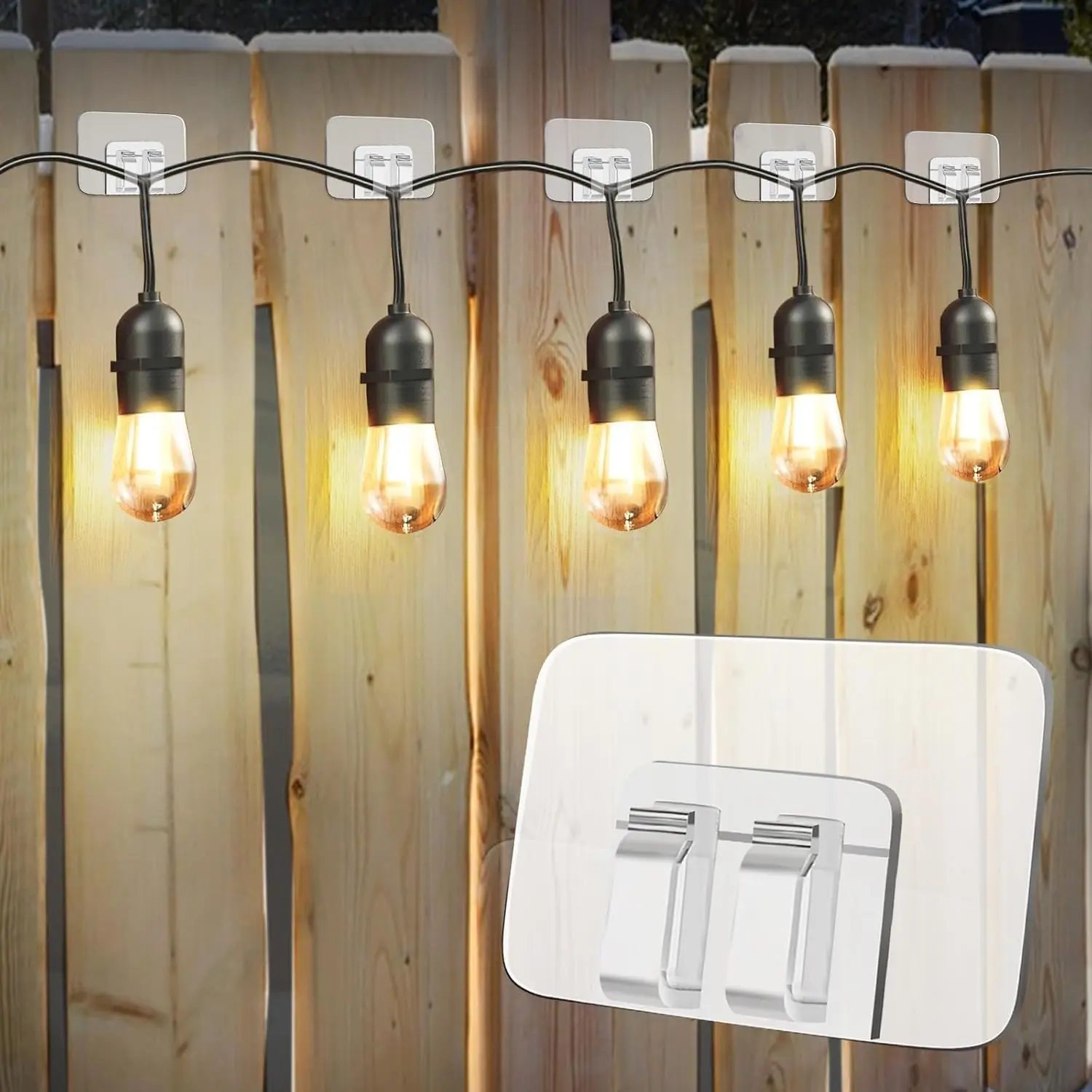 80 count Hooks for Outdoor String Lights Clips: Heavy Duty  Clips with  Adhesive Strips for  Christmas Light - Outside UV-Resistant Clear Sticky Cord Holders Rope Organizer