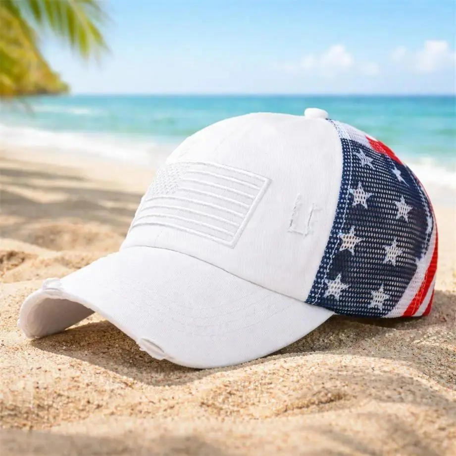 Women's Vintage Distressed Washed Mesh Trucker Baseball Cap - USA Flag Patriotic Snapback Hat for 4th of July Summer Streetwear Sports & Outdoor Headwear