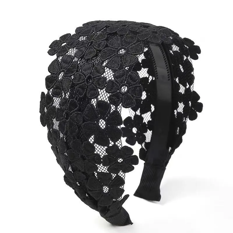 3D Multi Layer Black Floral Lace Wide Headband Hollow Flower Fabric Hair Hoop Women Full Cover Gray Hair Vintage Daily Hair Accessory
