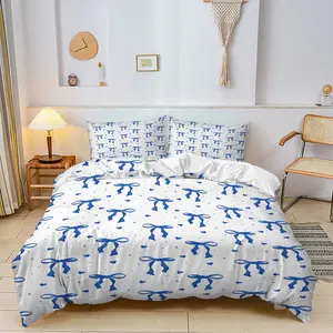 2/3pcs Blue Bow White Background Duvet Cover Set, No Filling – Print Bedding Set, Great for Clean Aesthetic Bedroom, Teen Girly Hangout Space, Apartment, Coquette Bow Heart Content‑Shooting Background