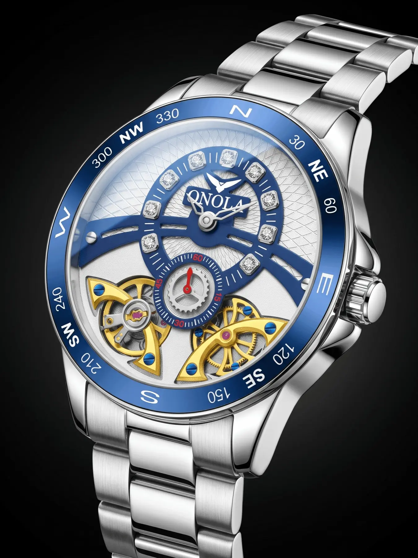 ONOLA Men Watch, Fashion Luxury Mechanical Watch , Round Hollow Skeleton Dial Stainless Steel Band Compass Scale Inlaid Ornamental Stones Self Winding Mechanical Watches Elegant Commute Decorative Wrist Watch For Daily Business Matching