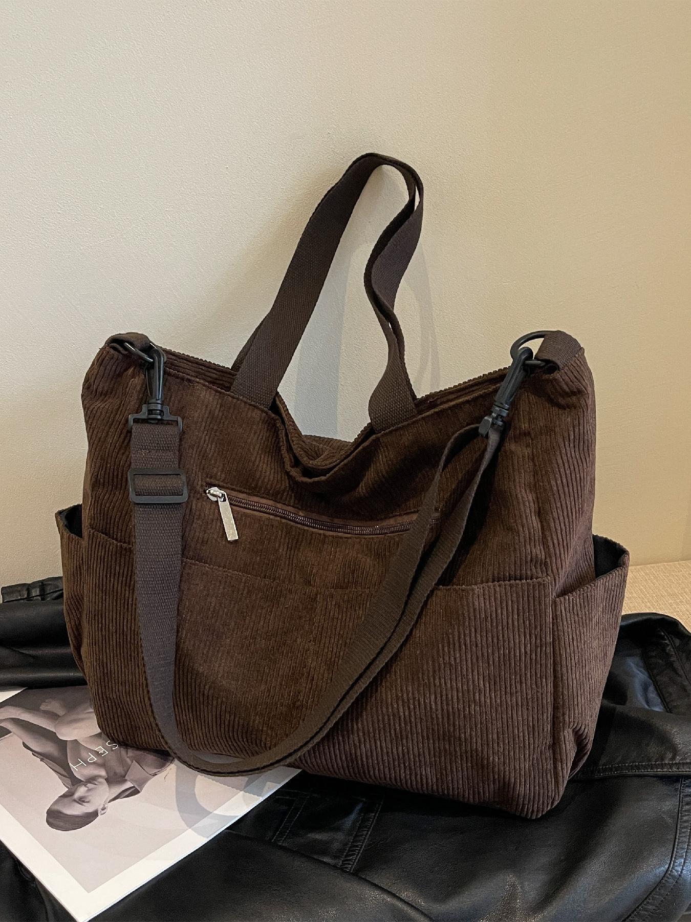 Trendy Corduroy Tote Bag, Women's Solid Color Large-Capacity Durable Shoulder Bag for Daily Use, Casual Matching School Bag for Outdoor Activities