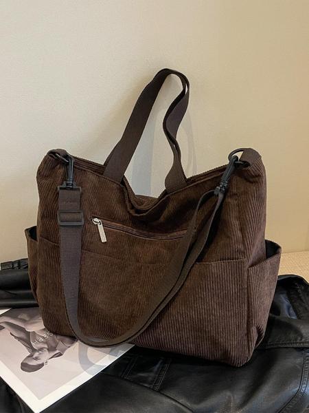 Corduroy Trendy Tote Bag, Women's Solid Color Large Capacity Shoulder Bag for Daily Used, Casual Matching School Bag for Outdoor, Slouchy Tote