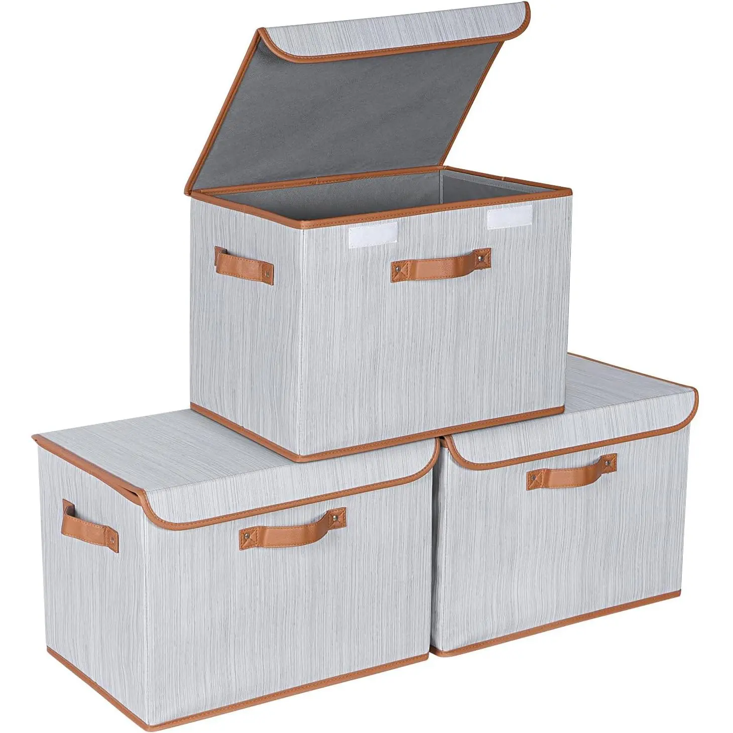 Heavy Duty Fabric Storage Bins with Lid, Large 17" 10 Gallon Stackable Storage Bins with Leather Handles, Decorative Storage Boxes with  for Bedroom, Closet, , Office, 3-Pack(Grey)