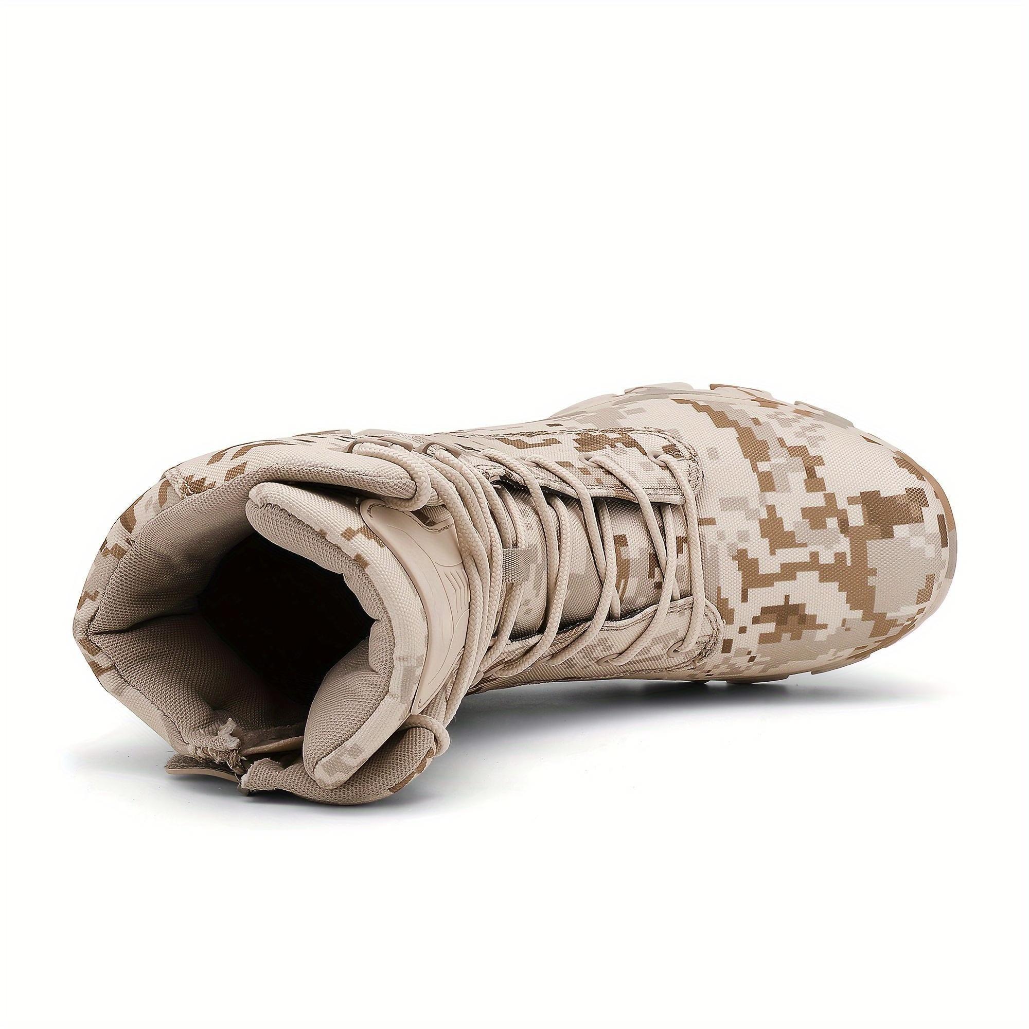 Men's high top camouflage hiking boots, outdoor climbing work boots with zipper closure, nylon fabric, rubber sole, non-slip EVA insole, striped pattern, all year outdoor shoe style