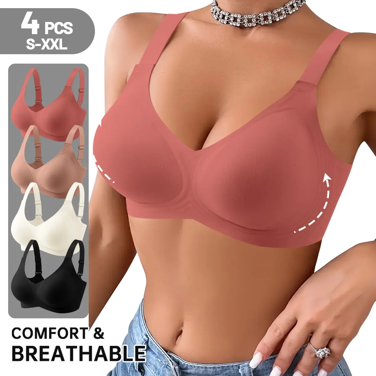 QUASTI 4PCS Women's Seamless Wireless Jelly Band Push Up Bras, Sexy Lightweight Solid Color Bralettes Bra, Breathable Soft Stretch Underwear, Invisible Skin Friendly Lingerie Set, S XXL