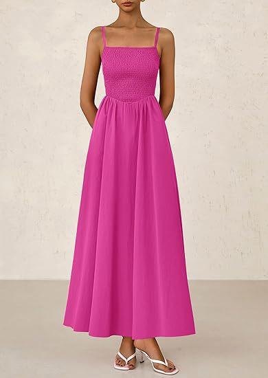 Sleeveless Suspender Solid Color Stitching A-line Beach Vacation Dress Women's Thin Shoulder Pleated Vest Pocket Commuting Dress