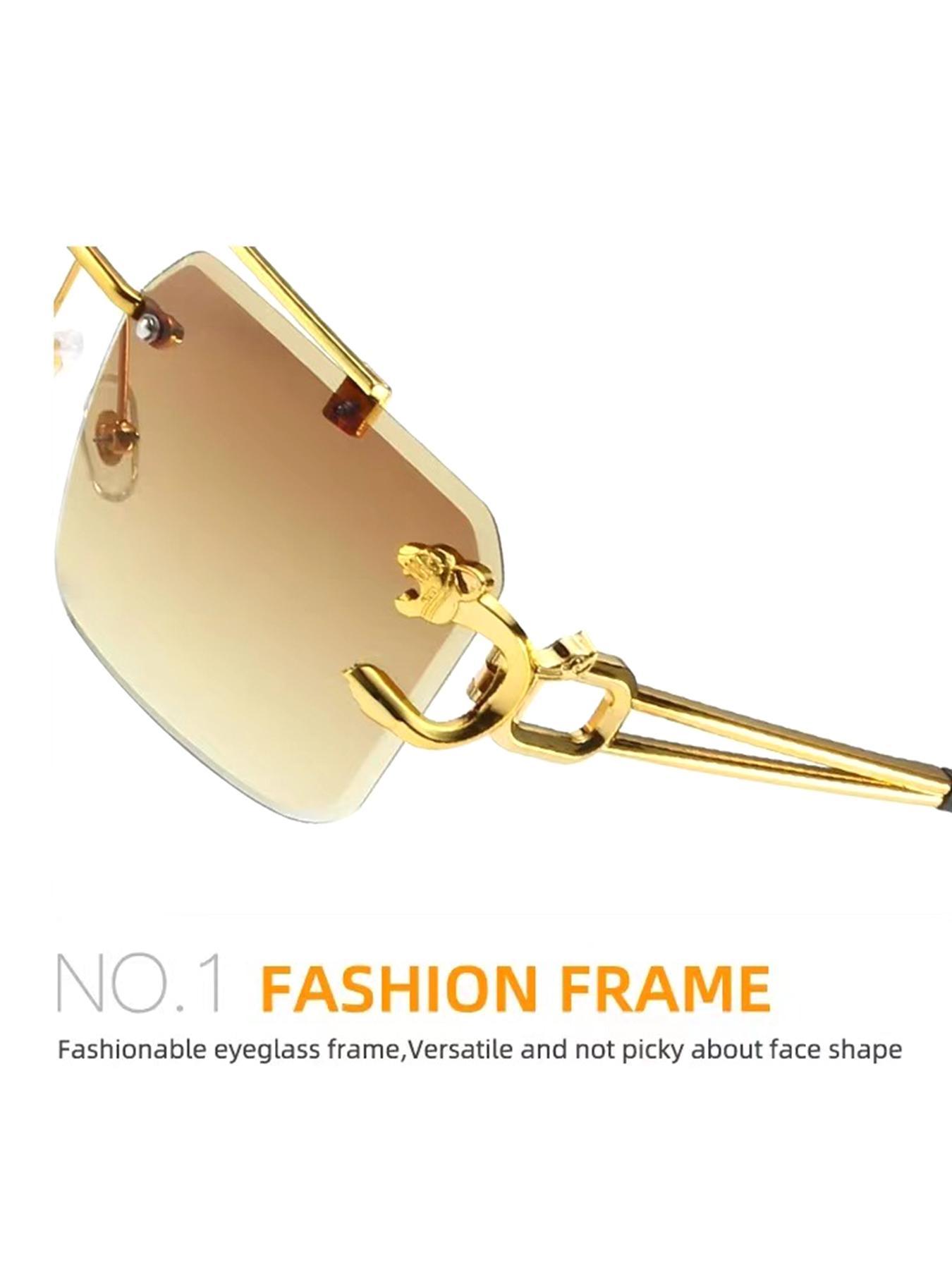 Luxury Square Gold Frame Fashion Sun Glasses Metal Leopard Rimless Sunglasses Double Bridges Gradient Ocean Film Shades UV400 Trendy Casual Sunglasses