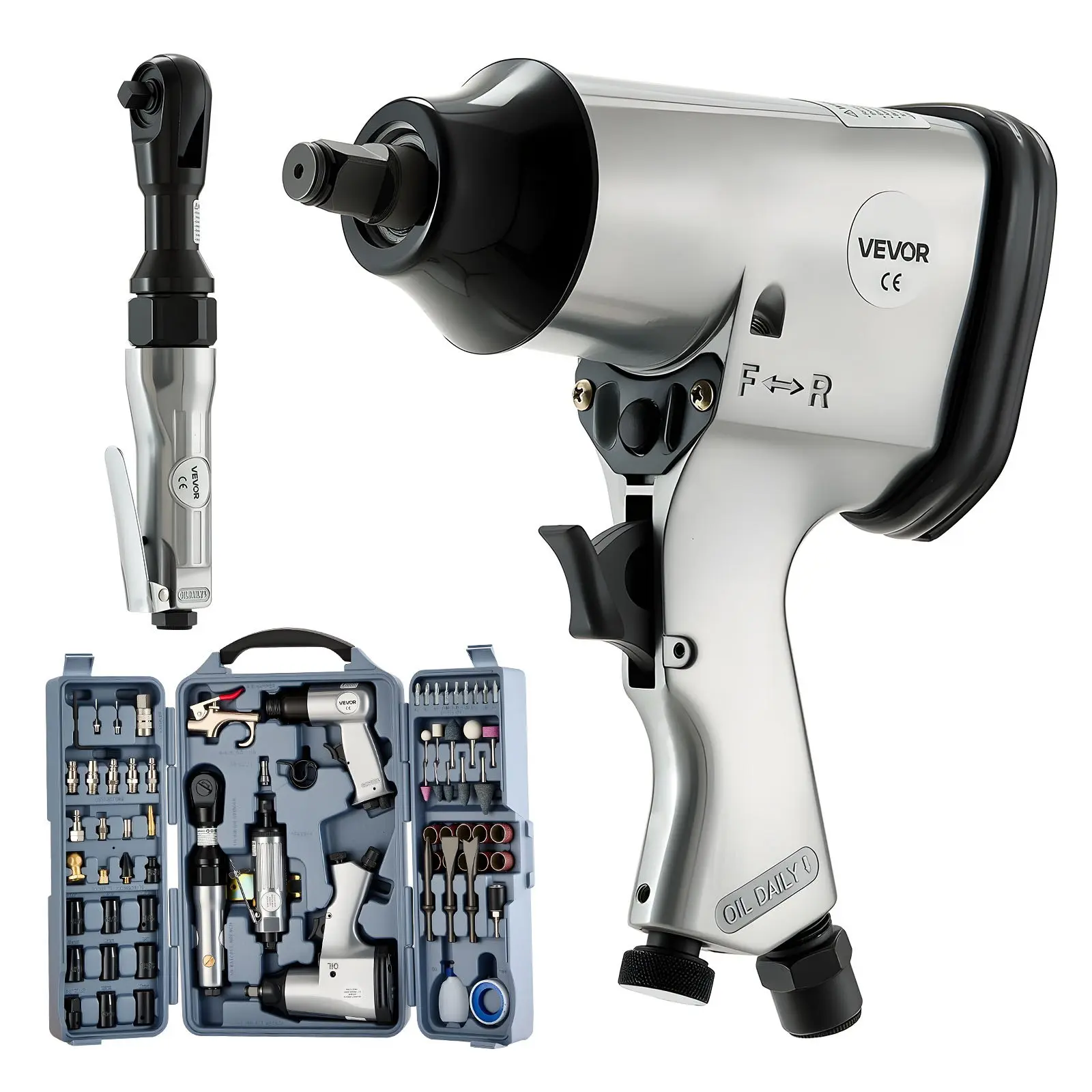 【DealsForYouDays】VEVOR 71 Pieces Pro Air Tool and Accessories Kit - 1/2" Air Impact Wrench, 3/8" Ratchet Wrench, 1/2" Die Grinder, 4500BPM Hammer, Blow Gun for Auto Repair, Home DIY Project - Storage Case Included