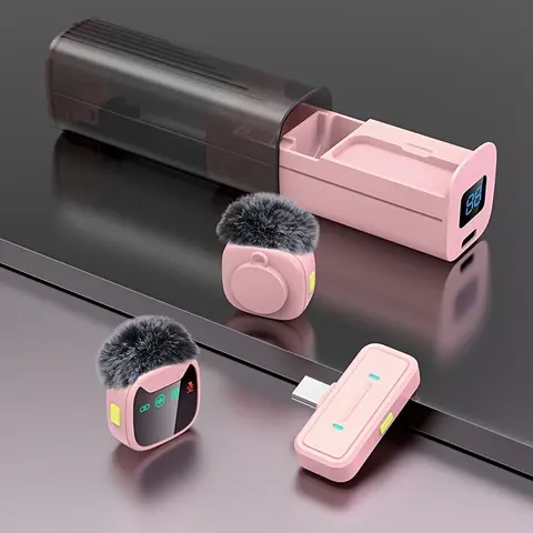 Pink&Black LED Display Wireless Lavalier Microphone High Quality Ultra-long Battery Life Chargeable Plug&play Charging Noise Reduction Rechargeable Lapel Mic for Interview Podcast Vlog Video Recording