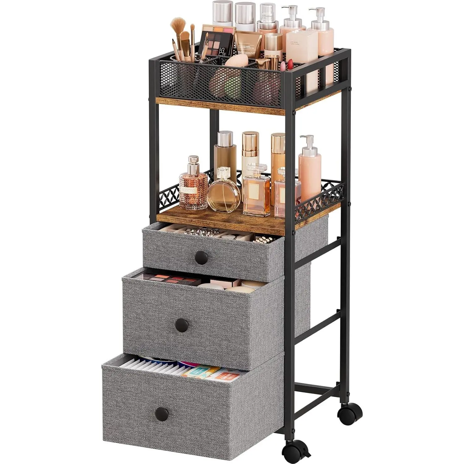 Makeup Organizer Cart with 3 Drawers Storage for Bedroom & Bathroom | Utility Rolling Cart,  Desk Organizer, Perfume, Cologne,  Care,  Polish, Black